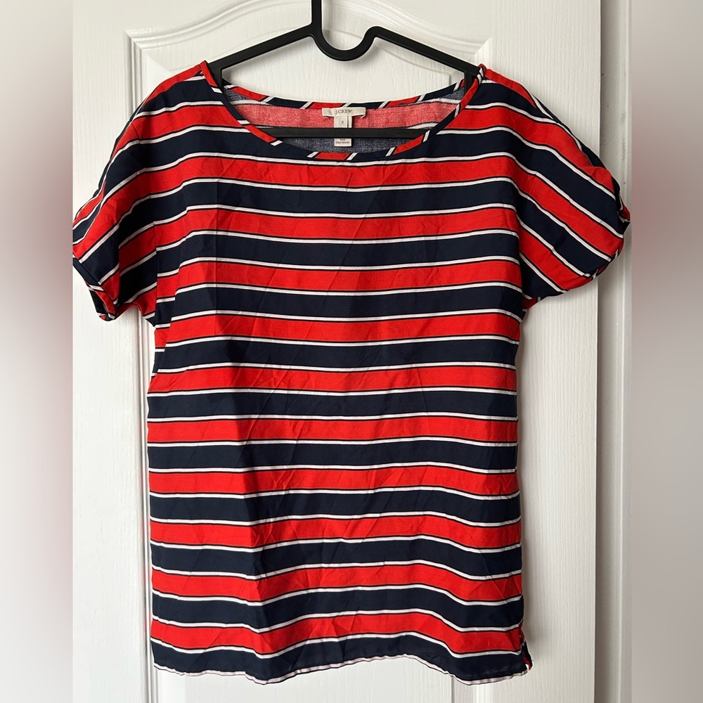 J. Crew 100% Silk Red and Navy Striped blouse , size 2